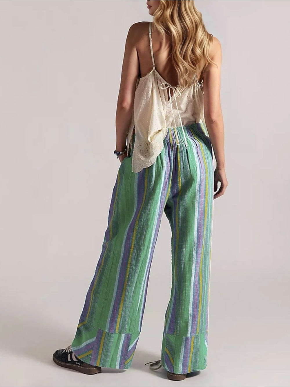 Wide-Leg Striped Pants - Green Multi